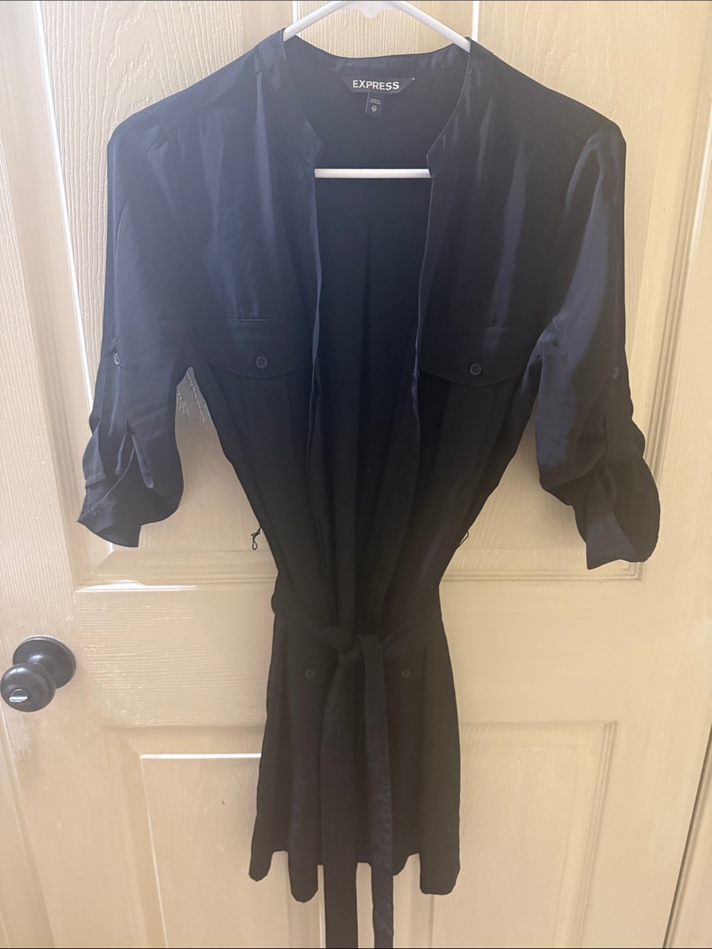 Express Black Tie-Waist Utility Shirt Dress